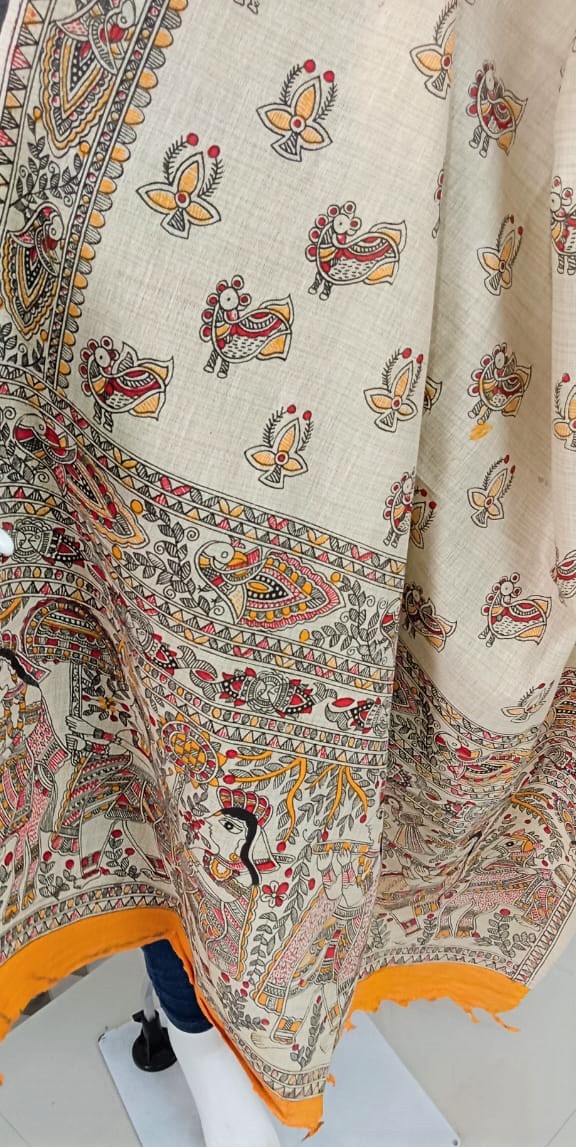 Cream Red Yellow Cotton Dupatta with Hand Block Print